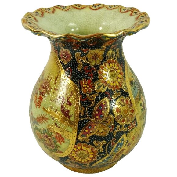 Vintage Japanese Satsuma Vase Scalloped Edges Geisha Butterfly Floral Ceramic - Picture 3 of 10